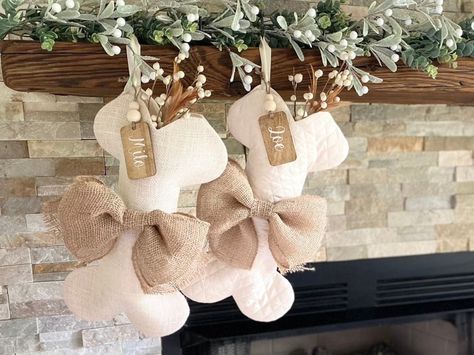 Burlap Christmas Stockings Diy, Dog Stockings Christmas, Dog Bone Christmas Stocking, Dog Bone Stocking, Bone Stocking, Mistletoe Gift, Burlap Christmas Stockings, Christmas Burlap, White Christmas Stockings