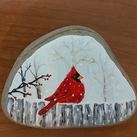 Rock Painting Winter Scenes, Panted Rocks, Bird Rocks, Cashew Crunch, Rock Village, Colored Rocks, Christmas Pebble Art, Cardinal Painting, Sea Glass Art Diy