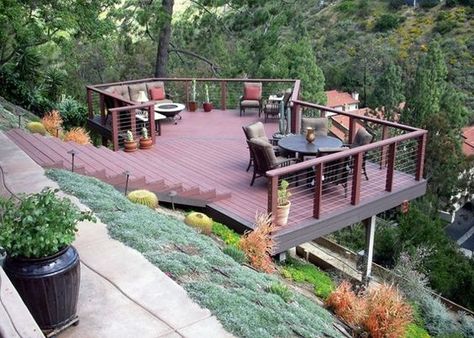 images of decks overlooking water | Pinterest • The world’s catalog of ideas Steep Hillside Landscaping, Steep Backyard, Steep Gardens, Deck Landscaping, Terraced Landscaping, Landscaping A Slope, Landscaping On A Hill, Sloped Yard, Hillside Garden