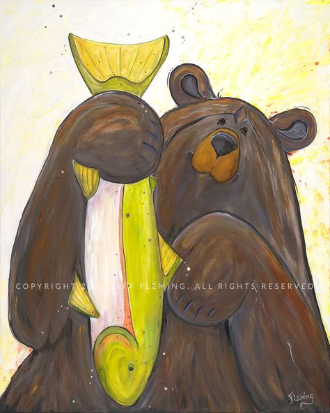 Alaska Painting, Black Bears Art, Bear Fishing, Bear Painting, Bear Artwork, Bear Paintings, Bear Drawing, Animal Projects, Shape Art