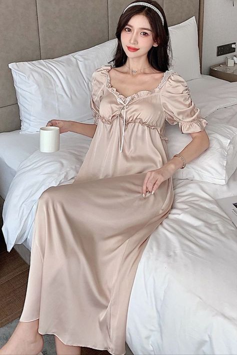 Female Nightgown Elegant Palace Style Princess Long Nightgown Sleepwear Summer Short Sleeve Sleepshirt Satin Silk Home Dress Silk Nightgown Aesthetic, Nightgown Aesthetic, Women Nightwear Dresses, Long Nightdress, Nightwear Dress, Night Gown Dress, Long Nightgown, Sleepwear Fashion, Cute Sleepwear