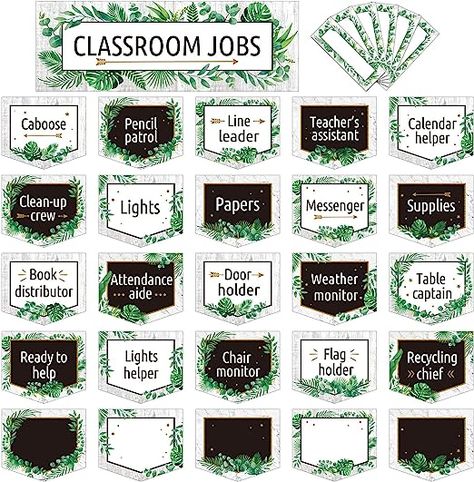 Eucalyptus Classroom Bulletin Board, Classroom Jobs Elementary List, Class Jobs Chart, Eucalyptus Classroom, Classroom Jobs Bulletin Board, Eucalyptus Farmhouse Classroom Decor, Editable Classroom Jobs, Elementary School Bulletin Boards, Jungle Theme Classroom Calendar