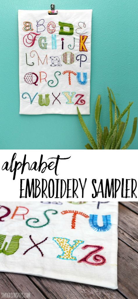 Alphabet Embroidery Sampler Project - Swoodson Says Nursery Embroidery, Hand Stiching, Modern Alphabet, Alphabet Quilt, Alphabet Embroidery, Free Embroidery Patterns, Embroidery Patterns Ideas, Beginner Embroidery, Embroidery Alphabet