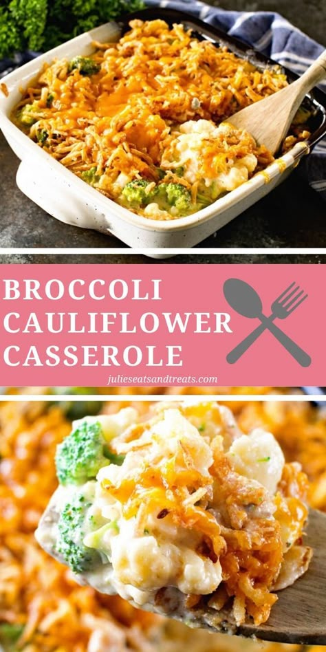 Easy Broccoli Cauliflower Casserole with cheese! You can use frozen or fresh vegetables and it's so easy to make. Perfect for a quick dinner or hosting holidays like Christmas, Easter and Thanksgiving! #broccoli #cauliflower Cheesy Broccoli Cauliflower Casserole, Cheesy Broccoli Cauliflower, Thanksgiving Side Dishes Crockpot, Broccoli Cauliflower Casserole, Easy Holiday Side Dishes, Thanksgiving Side Dishes Healthy, Vegetable Casserole Recipes, Thanksgiving Side Dishes Easy, Healthy Casserole