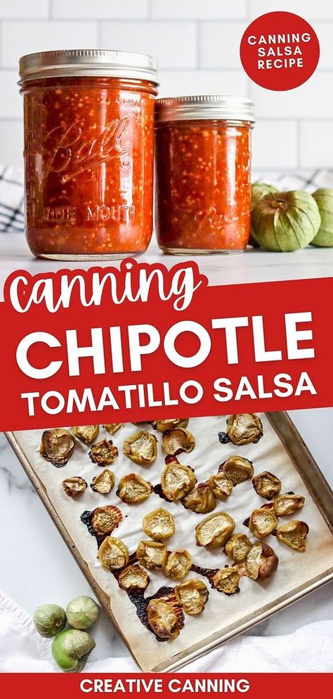 Canning chipotle tomatillo salsa brings together the smoky heat of chipotle peppers and the savory base of tomatillos. This homemade salsa can be made fresh and preserved using water bath canning. Perfect for elevating your dishes, it's smoky, tangy, and spicy. Find more canning recipes for beginners, water bath canning recipes, canning jalapeno peppers, and Tomatillo Recipes for Canning & Canning Tomatillos at creativecanning.com. Pepper Canning Recipes, Tomatillo Salsa Canning Recipe, Enchilada Sauce For Canning, Corn Salsa Canning Recipe, Corn Salsa Canning, Canning Tomatillos, Canning Salsa Verde, Salsa Recipes For Canning, Canning Salsa Recipes