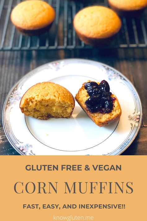 These gluten free, vegan corn muffins are great! They're quick, easy, and inexpensive, suit a number of dietary restrictions, and taste like actual corn muffins. Suitable for gluten free, egg free, dairy free, and vegan diets. Egg Free Dairy Free Cornbread, Gluten Free Egg Free Cornbread, Gluten Free Corn Muffins Recipe, Gluten Free Vegan Cornbread, Vegan Corn Muffins, Blueberry Corn Muffins Gluten Free, Gluten Free Corn Muffins, Vegan Cornbread Muffins, Gluten Free Cornbread Muffins