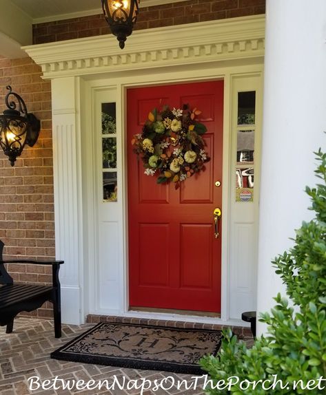 Autumn Wreath for a Red Door Rust Colour Front Door, Burnt Red Front Door, Red Door Wreath, Maroon Front Door Burgundy, Red Door Fall Decor, Victorian Exterior Color Schemes, Bright Red Front Door, Red Front Door Aesthetic, Red Front Door