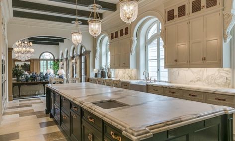 Versailles-inspired Long Island mansion lists for $60M, Baccarat crystal chandeliers included | 6sqft French Chateau Style Homes, Long Island Mansion, Island Mansion, Italian Marble Flooring, French Chateau Style, Grand Kitchen, Chateau Style, Building Costs, Enchanted Home