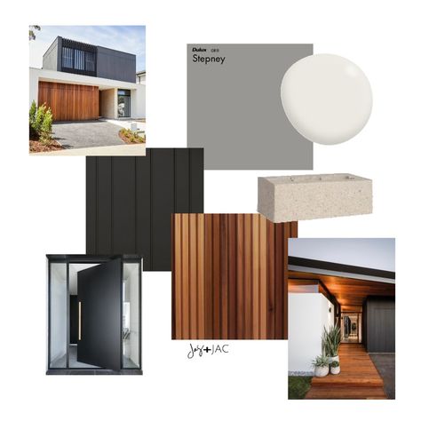 Exterior Mood Board, Contemporary Exterior Design, Taman Sari, Exterior Color Palette, Exterior Finishes, Design Mood Board, Mood Board Template, House Facade, Contemporary Exterior