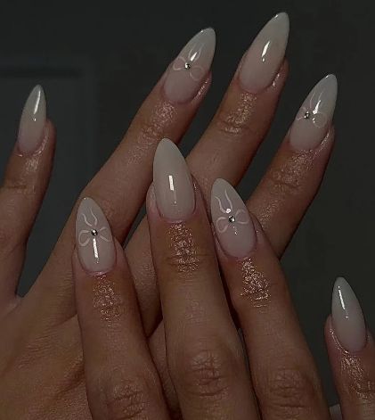 milky white nails with bow design, bridal nails Milky White Nails, White Lace Nails, Penny Pincher Fashion, Bridal Nail Art, Milky Nails, Nude Nail Designs, Gel Nails Diy, Penny Pincher, Blue Nail Designs