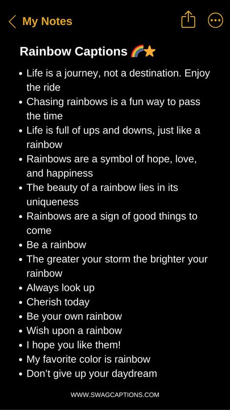 Unlock a vibrant world of Instagram captions with our "Rainbow Captions for Instagram to Enjoy the Full Spectrum" collection. From fiery reds to serene blues, these carefully curated captions capture the entire rainbow's radiant hues. Whether you're showcasing breathtaking sunsets, vibrant street art, or colorful culinary delights, these captions will add a pop of personality to your Instagram feed. Embrace the full spectrum of emotions and let your posts shine with vivid, captivating words. Rainbow Instagram Captions, Rainbow Quotes Instagram, Rainbow Captions, Makeup Captions, Nature Captions, Thought Wallpaper, Success Quotes And Sayings, Insta Caption, Breathtaking Sunsets