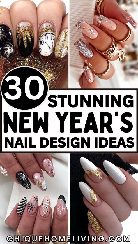 Get ready to ring in the new year with style! These 30 Stunning New Year’s Nail Ideas are all about making a bold statement and starting the year off right. Go for sparkling gold and silver glitter designs that capture the party vibe, or opt for sleek black nails with metallic accents for a chic, sophisticated look. Whether you prefer confetti-inspired patterns, ombre glitter tips, or minimalist elegance with subtle sparkles, these nail designs are perfect for any New Year’s celebration. Xmas And Nye Nails, Black Nail Designs For New Years, Simple Nail Designs Ombre, New Year Almond Acrylic Nails, Black With Gold Sparkle Nails, Nail Inspiration Sparkle, Tropical New Years Nails, Simple Cute Acrylic Nail Designs, Fancy Nail Art Designs Sparkle