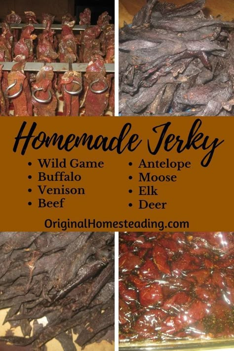 HOMEMADE JERKY is a super delicious healthy snack. It is perfect to take on road trips, camping, hiking, hunting, backpacking or just for simple snacking. These recipes work well with all meats, to include: wild game, venison, elk, moose, antelope and dee Wild Game Jerky Recipes, Moose Jerky Marinade, Moose Jerky Recipe Dehydrator, Game Meat Recipes, Moose Jerky Recipe, Deer Jerky Marinade Recipes, Hunting Snacks, Deer Butchering, Marinade Steak