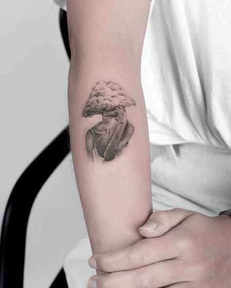 Head In Clouds, Clouds Tattoo, Surreal Tattoo, Statue Tattoo, Cloud Tattoo, World Tattoo, Head In The Clouds, Cloud Drawing, Aesthetic Tattoo