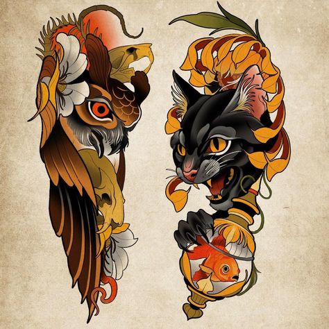 New School Cat Tattoo Designs, Neo Traditional Flash Art, Neo Tradional Tattoo Ideas, Neo Trad Animal Tattoo, New School Tattoo Designs For Men, Neo Trad Flash, Cat Tattoo Design, Neo Traditional Tattoo Art, Neo Japanese Tattoo