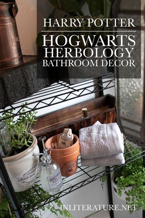 With some free printables and a few plants, you can turn your bathroom into a Hogwarts greenhouse to look like it’s ready for Professor’ Sprout’s next Herbology class! Herbology Aesthetic Harry Potter, Subtle Harry Potter Bathroom, Harry Potter Powder Room, Herbology Bathroom, Harry Potter Inspired Bathroom, Harry Potter Half Bathroom, Herbology Decor, Harry Potter Herbology Aesthetic, Harry Potter Garden Ideas