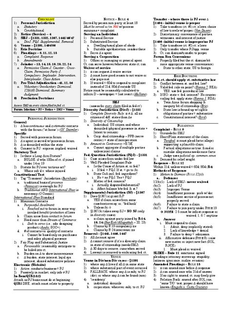 CHECKLISTPersonal Jurisdiction a. Statutory b. Constitutional 2) Notice (Service) – 4 3) SMJ – §1331, 1332, 1367, 1441/46... Paralegal Career, Law School Preparation, Bar Exam Prep, Law School Prep, Shark Pool, College Problems, Study Info, Law Notes, Law School Life