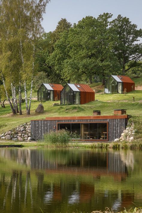 open AD designs three corten steel and glass cabins in rural latvia Nature Spa, Small Cabins, Glass Cabin, Open Architecture, Wellness Resort, Glass Structure, Tiny House Cabin, Small Houses, Corten Steel