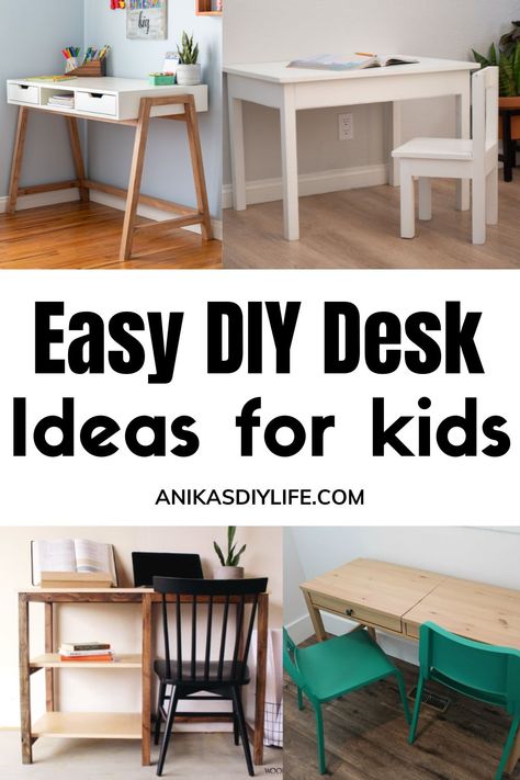 Kids need a place of their own to be creative and to do schoolwork. Finding the perfect desk can be a difficult task. It just makes sense to DIY a kid’s desk so you can customize it to be exactly what you need. From grade schoolers to teens, these 7 DIY Kids desk ideas will be just what you need. Wooden Desk For Kids, Diy Kids Art Desk, Diy Desk Ideas Cheap, Kids Desk Diy, Kids Desk Ideas, Kids Table And Chair Sets, Kids Craft Table, Diy Kids Desk, Easy Diy Kids