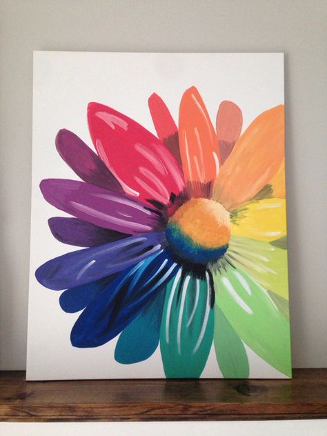 Rainbow flower (2/2016) Rainbow Sunflower Painting, Flower Paint And Sip, Rainbow Painting Canvases, Rainbow Flower Painting, Rainbow Painting Ideas, Rainbow Canvas Painting, Rainbow Paintings, Rainbow Colors Art, Painting Rainbow