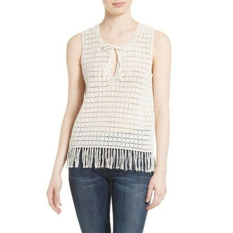 Joie Women's Ivory Analia Sleeveless Crochet Knit Frayed Tank Size L New $298 Measurements: Bust: 19.5 Inches (Approximately) Length: 27 Inches (Approximately) Imperfections: None Silk Summer Top, Denim Fringe, Navy Blue Tank Top, Silk Sleeveless Top, Small Tank Tops, Crochet Tops Free Patterns, Linen Tank Top, Fringe Top, Silk Tank Top