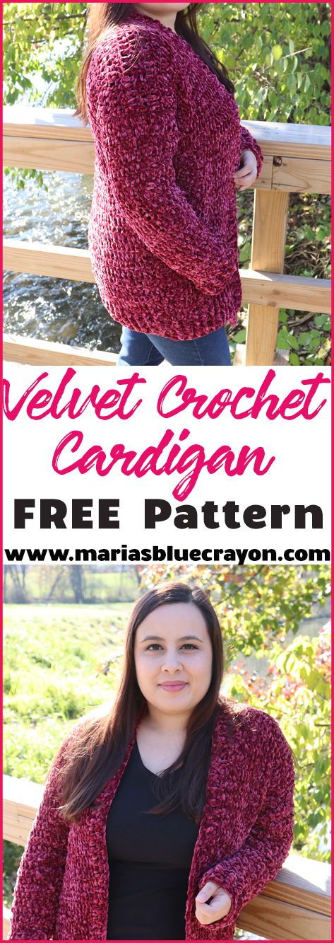 Super cozy and easy crochet cardigan with Bernat Velvet yarn. Get the free pattern on Maria's Blue Crayon blog. #crochet #cardigan #cozy #velvet #free #pattern #easy #forwomen #plussize #long #ladies Bernat Velvet, Velvet Crochet, Crochet Cardigan Free, Blue Crayon, Crochet Cardigan Pattern Free, Velvet Cardigan, Velvet Yarn, Bonnet Crochet, Crochet Simple