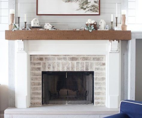 Shiplap Fireplace With Tv, Tv Over Mantle, Brick And Shiplap Fireplace, Brick And Shiplap, Fireplace With Tv, Whitewashed Brick, Chimney Decor, Over Mantle, Wooden Fireplace