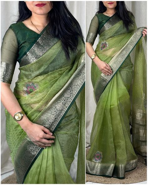 *Perfect party wear organza saree with elegance of savroski diamond work* *Product details*👇🏻 *FABRIC-soft organza jacquard border with running blouse* *Size-* *Saree-6.30mtr with running blouse* *Pattern- pedding color saree with multi colored savroski stone work & tussles in pallu with viscose zari boder Stone Work Saree Blouse Designs, Elegant Saree Party Wear, Organza Saree Blouse Designs Latest, Organza Saree Blouse Designs, Saree Color Combinations, Casual Blouse Designs, Trendy Saree, Banaras Sarees, Blouse Back Neck Designs