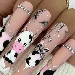 Cow Nails, Long Press On Nails, French Acrylic Nails, Color Nails, Nail Supplies, Cow Pattern, Foot Care, Rhinestone Designs, False Nail