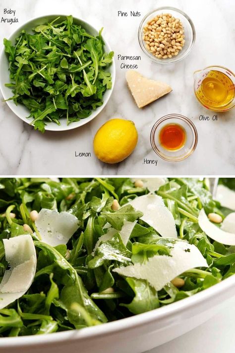 Of the Arugula Salad recipes I've tried this simple version is the best! Just peppery arugula tossed in a dressing of fresh lemon juice, good olive oil and a kiss of honey. Sprinkles of parmesan cheese and pine nuts make it irresistible! Easy Arugula Salad, Arugula Salad Recipes, Dinner Side, Salad Recipes For Dinner, Arugula Salad, How To Make Salad, Pine Nuts, Arugula, Delicious Salads