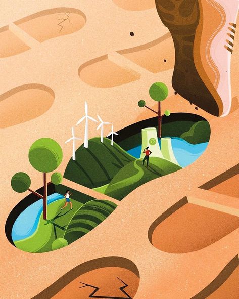 Editorial illustration by Sophie Standing, commissioned by the Environmental Magazine. Sophie is represented by Lemonade Illustration Agency. Explore more of her work on the Directory of Illustration. #editorial #illustration #editorialillustration #environmentalmagazine #environmental #conceptualart #digitalart #graphicarts #conceptual #greenenergy #ecofriendly Geopolitical Illustration, Sustainable Mobility Illustration, Nature Illustration Art Graphic Design, Conceptual Illustration Ideas, Biome Illustration, Environmental Posters Creative, Graphic Design Posters Wallpaper, Editorial Illustration Conceptual, Sustainability Illustration Graphics