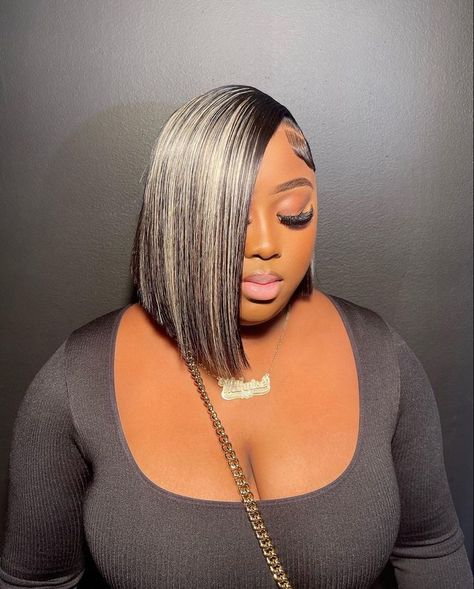 Asymmetrical Bob With Highlights, Side Part Bob Weave With Highlights, Highlight Quick Weave Bob, Side Part Bob With Highlights, Kehlani 2024, Blonde And Black Bob, 90s Bob Hairstyles, Asymmetrical Bob Wig, Hair Color Bob