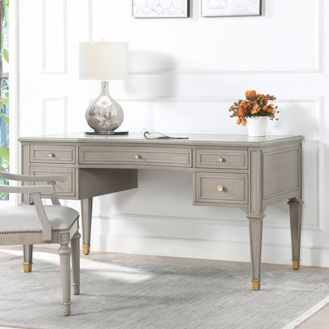 Ophelia & Co. Kazuko Solid Wood Desk | Wayfair Elegant Home Office, Executive Home Office, Solid Wood Writing Desk, 5 Drawer Storage, Desk Wood, Solid Wood Desk, Elegant Home, Hooker Furniture, Executive Desk