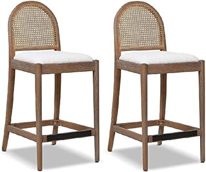 Jennifer Taylor Home Panama 26.5" Curved Back Cane Rattan Counter Stool Set of 2 Ivory White Boucle Rattan Counter Stools, Rattan Stool, Rattan Bar Stools, Natural Wood Texture, Jennifer Taylor, White Upholstery, Dining Stools, Furniture Feet, Wood Bar Stools