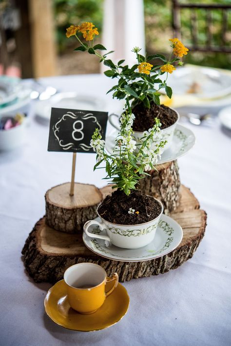 Rustic Wood and Teacup Centerpiece Tea Cup Centerpieces, Fall Wedding Table Decor, Birthday Party Table Decorations, Birthday 10, Fall Wedding Tables, Cheap Wedding Decorations, Rustic Wedding Table Decor, Wedding Car Decorations, Birthday Table Decorations