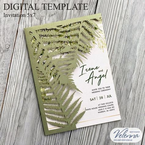 Laser cut files templates Woodland Wedding Invitations, Cricut Wedding Invitations, Fern Wedding, Wedding Invitations Leaves, Cricut Wedding, Pocket Envelopes, Pocket Invitation, Laser Cut Invitation, Invitation Envelope