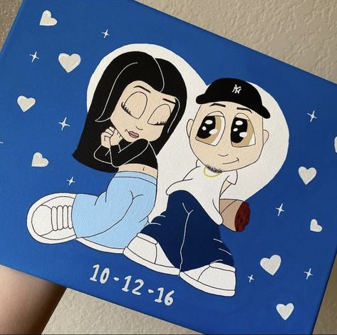 Cute Couple Cartoon Painting, Cartoon Love Paintings, Cute Couple Painting Ideas Easy Cartoon, Couple Painting Aesthetic Easy, Couples Cartoon Painting Ideas, Cute Painting Ideas For Boyfriend Cartoon, Bf And Gf Painting Ideas, Boyfriend And Girlfriend Painting Ideas, Bf And Gf Painting