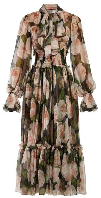 Dolce & Gabbana - Floral Print Tie Neck Silk Chiffon Dress - Womens - Black Pink Chifon Dress, Silk Georgette Dress, Style Guru, Ladies Wear, Silk Chiffon Dress, Dolce Gabbana Dress, Church Outfits, Flower Dress, Long Dresses