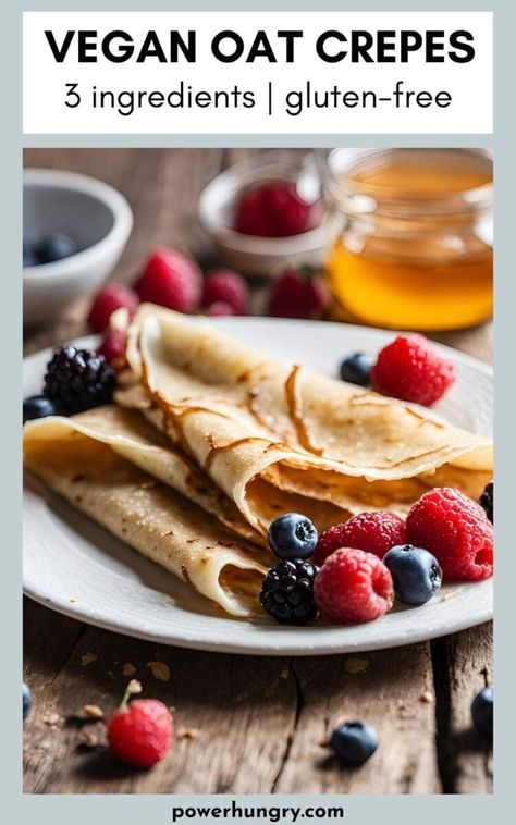 Vegan oat crepes, made with 3 ingredients in a blender! #veganrecipe #veganrecipes #crepes #glutenfree #glutenfreecrepes #3ingredientrecipe #oats #vegancrepes #veganbreakfast #veganpancakes #glutenfreepancakes #eggfree #dairyfree #oatcrepes #oatpancakes #oatrecipes Oat Crepes, Vegan Crepes, Gluten Free Crepes, Oil Free Vegan Recipes, Healthy Low Calorie Meals, Oat Pancakes, Gluten Free Pancakes, Oil Free Vegan, Blender Recipes