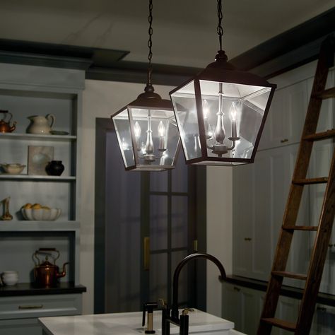 If a space is highly functional (a kitchen, for example), add task lighting to illuminate specific activities. 💡 Kichler Lighting | Dame Homestead Style, Kitchen Lighting Design, Track Lighting Pendants, Traditional Lanterns, Hanging Pendant Light, Kichler Lighting, Multi Light Pendant, Cottagecore Style, Foyer Pendant