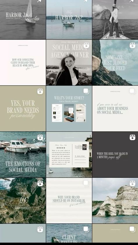 Travel Instagram Grid Design, Insta Feed Ideas Aesthetic Business, Social Media Visual Identity, Content Ideas For Marketing Agency, Social Media Instagram Feed, Web Designer Instagram Feed, Instagram Grid Color Palette, Instagram Grid Fashion, Instagram Grid Inspiration