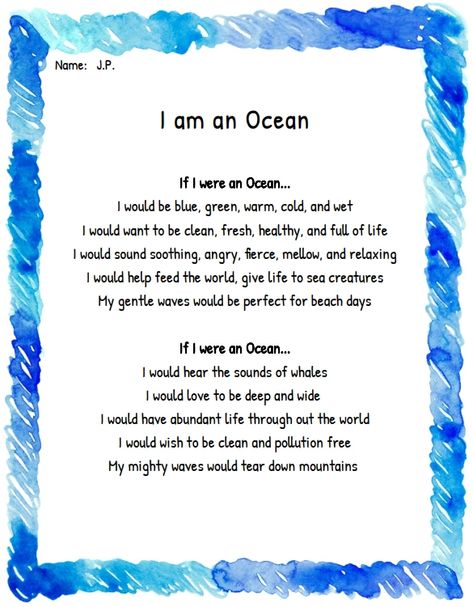 Poem Generator, Ocean Meaning, Personification Poems, Ocean Poem, Persona Examples, Ocean Acidification, Creative Writing Ideas, Classroom Charts, Ocean Kids