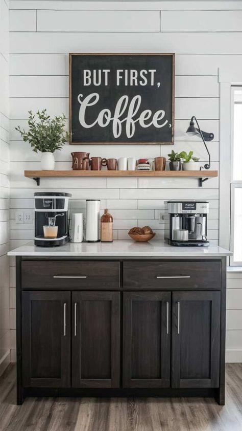 35+ Coffee Bar Ideas For Your Home Coffee Bar Ideas Small Spaces Kitchen, Coffee Bar Black And White, Entryway Coffee Bar, Kitchen Station Ideas, Coffee And Bar Ideas For Home, Coffee Bar Wall Ideas, Church Coffee Bar Ideas, Coffee Nook In Kitchen, Kitchen Coffee Station Ideas