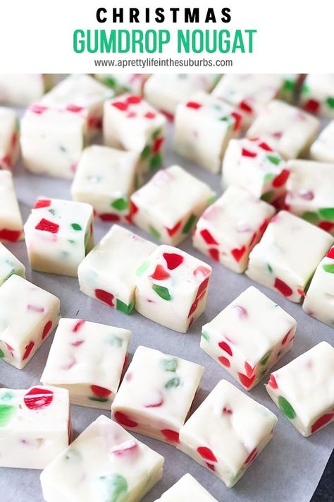 This Christmas Gumdrop Nougat Candy is an easy no-bake treat that's perfect for the holiday season. Great as a homemade gift! Christmas Gumdrop Nougat, Gumdrop Nougat, Nougat Candy, Nougat Recipe, Candy Recipes Homemade, Christmas Candy Recipes, Xmas Cookies, Xmas Food, Homemade Candies