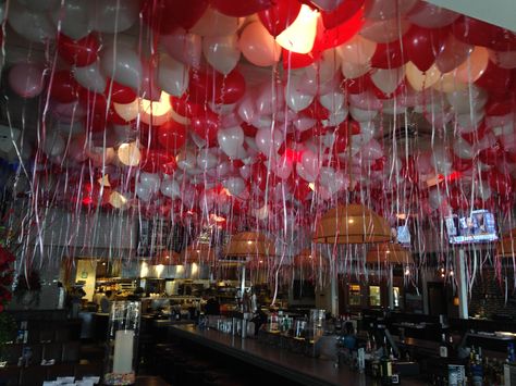 Balloon Ceiling, Red Balloon, White Balloons, 20th Birthday, Valentines Party, The Ceiling, Sweet 16, Table Setting, Birthday Ideas