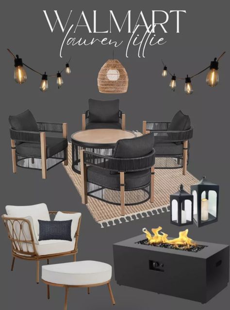 Outdoor Setting Styling, Black Modern Outdoor Furniture, Black And Wood Outdoor Patio, Walmart Backyard Ideas, Modern Back Patio Ideas, Black Wood Patio Furniture, Black Chairs With Cushions, Black Patio Cushions Outdoor, Black Rattan Patio Furniture