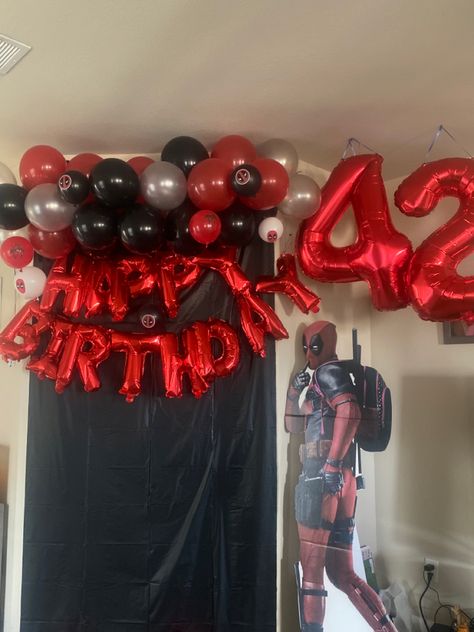 Deadpool brithday decorations Deadpool Decorations Birthday, Deadpool Party, Deadpool Birthday, Dead Pool, Valentines Gifts For Boyfriend, Surprise Party, Gifts For Boyfriend, Pool Ideas, Bday Party