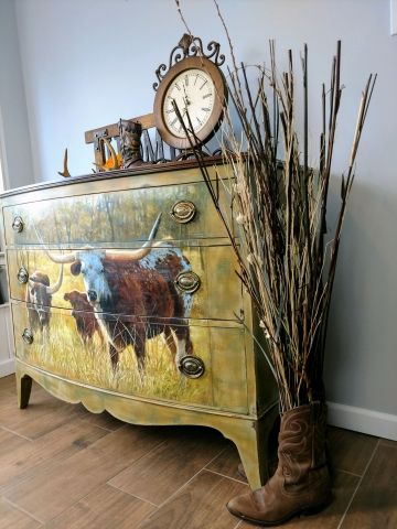 Beauty Of Motherhood, Cow And Calf, Cowhide Furniture, Ranch House Decor, Decoupage Tissue Paper, Decoupage Furniture, Western Furniture, A Cow, Painting Furniture Diy