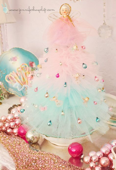 The prettiest handmade tulle Christmas tree / Vintage tulle tree covered in tiny ornaments- I love, love, love these trees, my nana would make them for everyone, sadly none have survived that I know of, gotta make this the year I make a few Tulle Tree, Tulle Christmas Trees, Tiny Ornaments, Tulle Crafts, Glamour Style, Shabby Chic Christmas, Colorful Christmas, Chic Christmas, Primitive Christmas