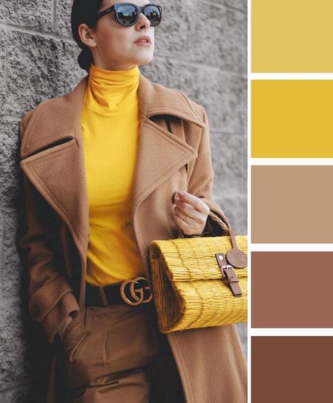 Yellow And Brown Outfits For Women, Warm Spring Color Palette, Wardrobe Color Guide, Mustard Outfits, Wide Leg Outfit, Yellow Color Combinations, Deep Autumn Color Palette, Camel Style, Classy Business Outfits